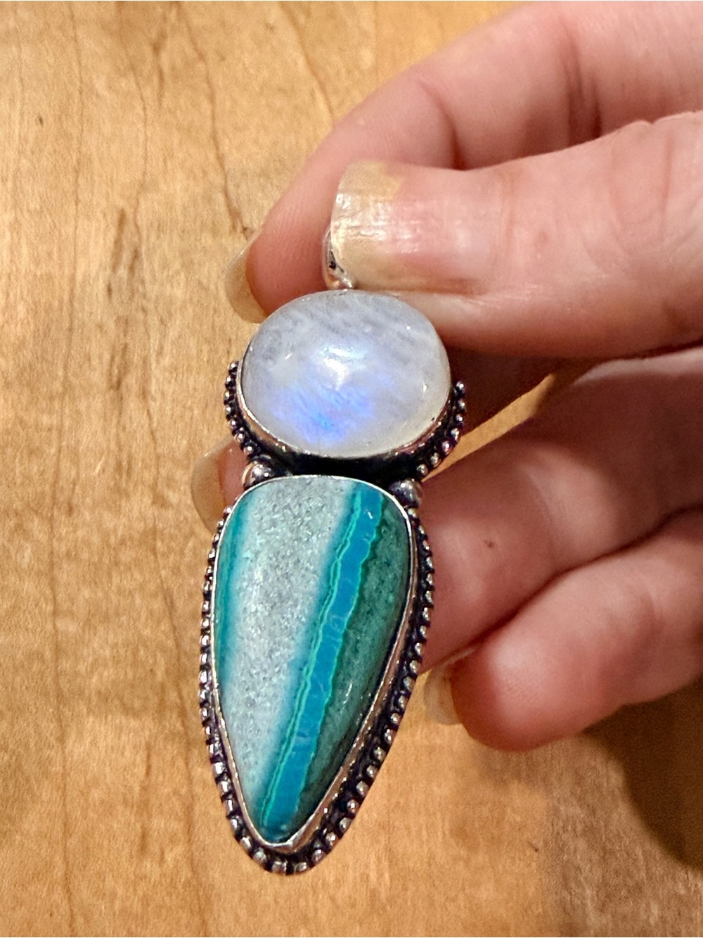 Beautiful Moostone & Chrysocolla Pendant - 925 Stamped